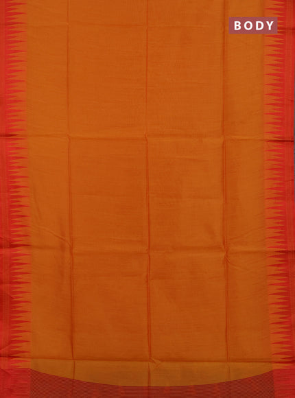 Semi dupion saree sunset orange and red with allover thread stripe pattern and temple design thread woven border
