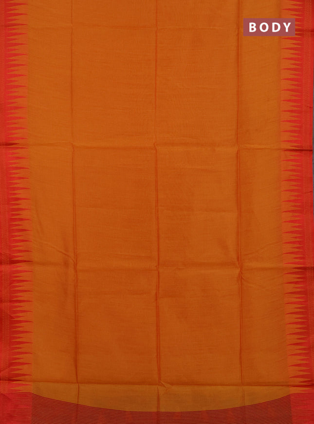 Semi dupion saree sunset orange and red with allover thread stripe pattern and temple design thread woven border