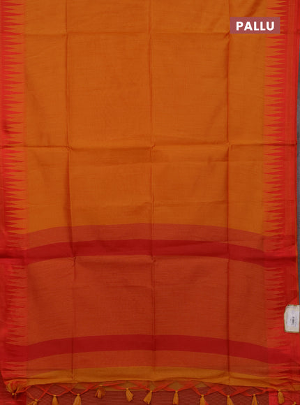 Semi dupion saree sunset orange and red with allover thread stripe pattern and temple design thread woven border