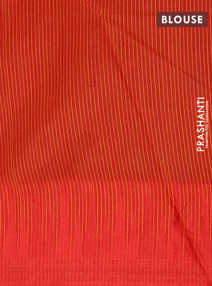 Semi dupion saree sunset orange and red with allover thread stripe pattern and temple design thread woven border