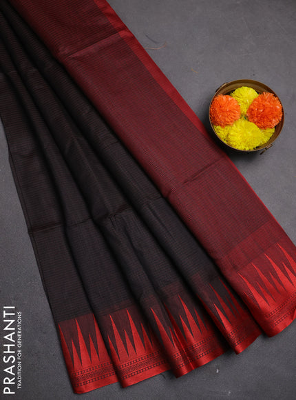 Semi dupion saree black and red with allover thread stripe pattern and temple design thread woven border