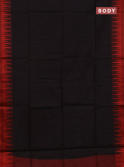 Semi dupion saree black and red with allover thread stripe pattern and temple design thread woven border
