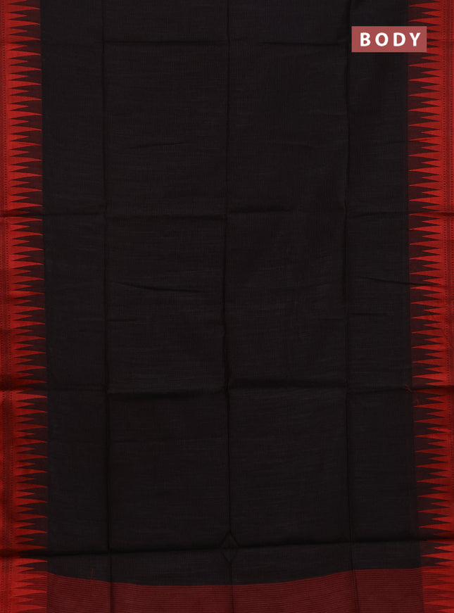 Semi dupion saree black and red with allover thread stripe pattern and temple design thread woven border