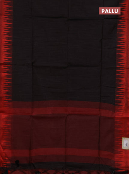 Semi dupion saree black and red with allover thread stripe pattern and temple design thread woven border