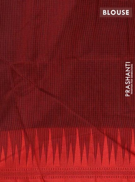 Semi dupion saree black and red with allover thread stripe pattern and temple design thread woven border