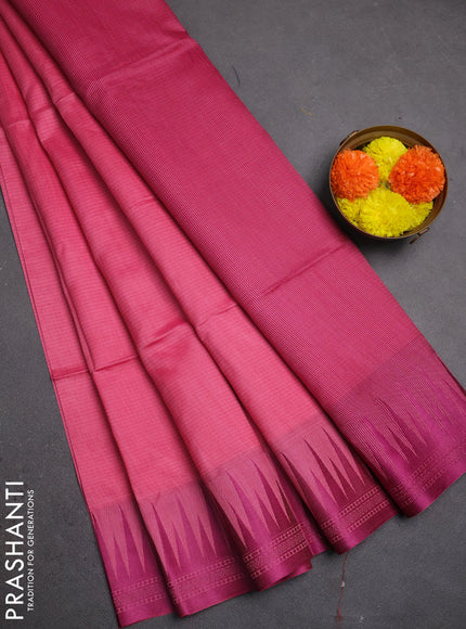 Semi dupion saree peach pink and magenta pink with allover thread stripe pattern and temple design thread woven border