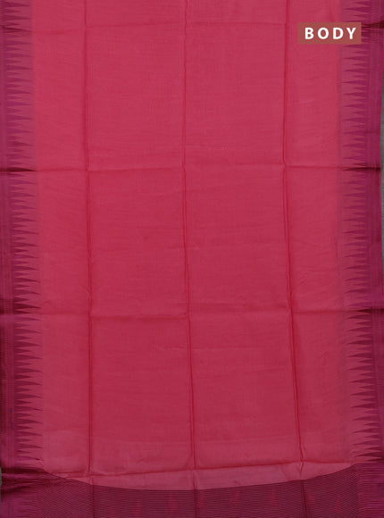 Semi dupion saree peach pink and magenta pink with allover thread stripe pattern and temple design thread woven border