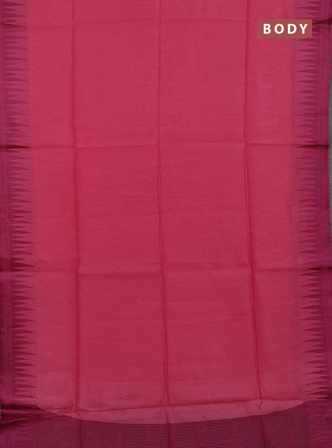 Semi dupion saree peach pink and magenta pink with allover thread stripe pattern and temple design thread woven border