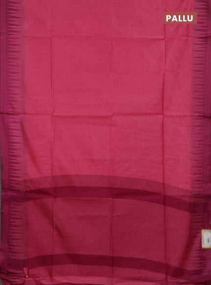 Semi dupion saree peach pink and magenta pink with allover thread stripe pattern and temple design thread woven border
