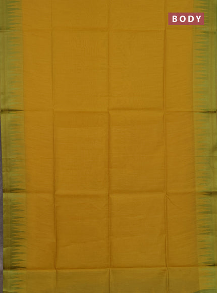 Semi dupion saree mustard yellow and light green with allover thread stripe pattern and temple design thread woven border