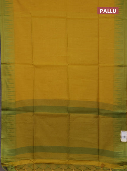 Semi dupion saree mustard yellow and light green with allover thread stripe pattern and temple design thread woven border