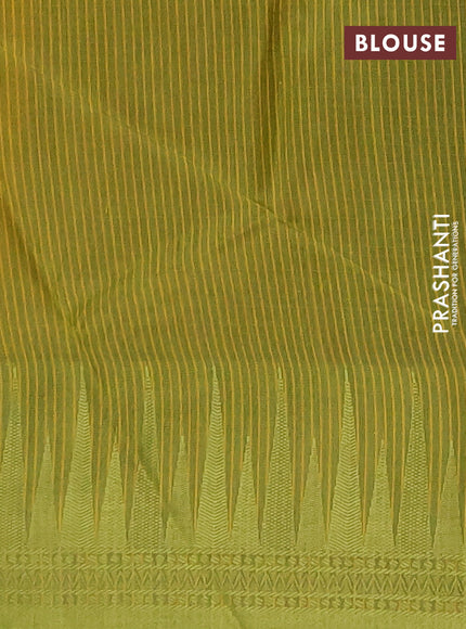 Semi dupion saree mustard yellow and light green with allover thread stripe pattern and temple design thread woven border