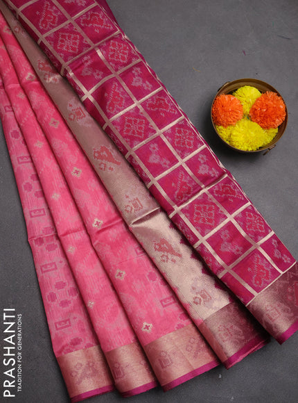 Semi dupion saree peach pink and magenta pink with allover thread stripe pattern and temple design thread woven border
