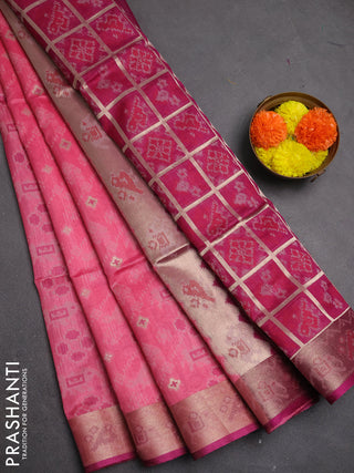 Semi dupion saree peach pink and magenta pink with allover thread stripe pattern and temple design thread woven border