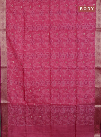 Semi dupion saree peach pink and magenta pink with allover thread stripe pattern and temple design thread woven border