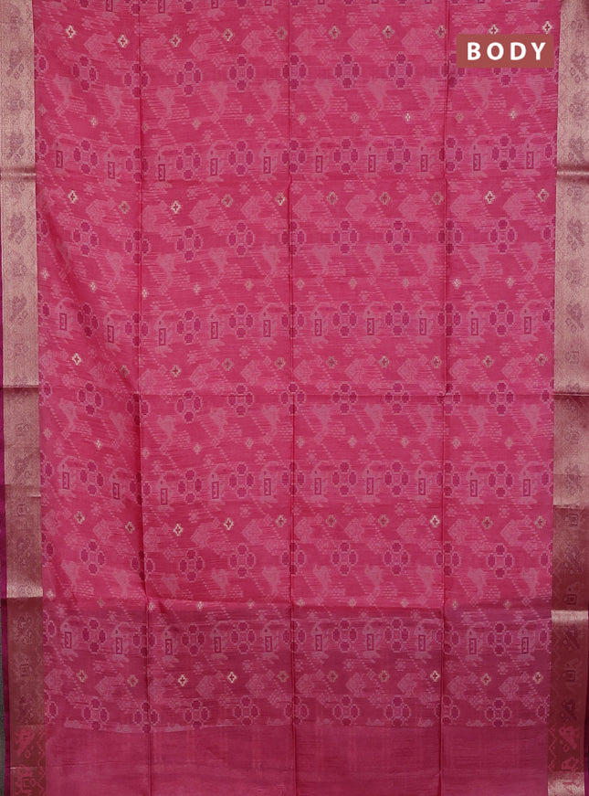 Semi dupion saree peach pink and magenta pink with allover thread stripe pattern and temple design thread woven border