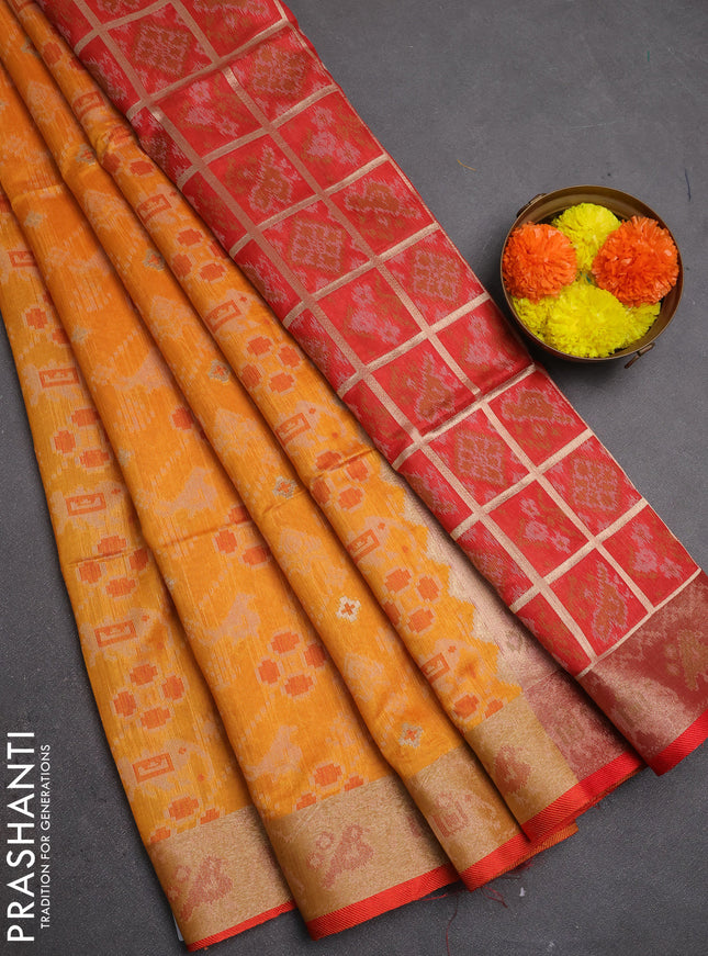 Semi dupion saree sunset orange and red with allover thread & zari weaves pattern and zari woven border