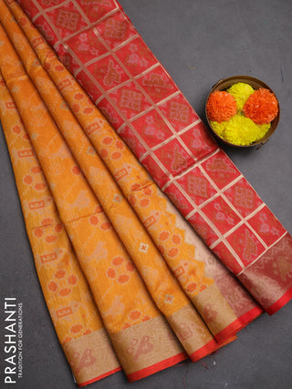 Semi dupion saree sunset orange and red with allover thread & zari weaves pattern and zari woven border