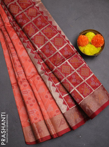 Semi dupion saree peach orange and maroon with allover thread & zari weaves pattern and zari woven border
