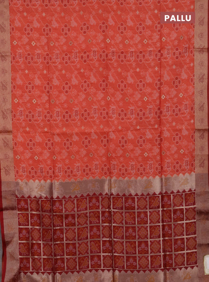 Semi dupion saree peach orange and maroon with allover thread & zari weaves pattern and zari woven border