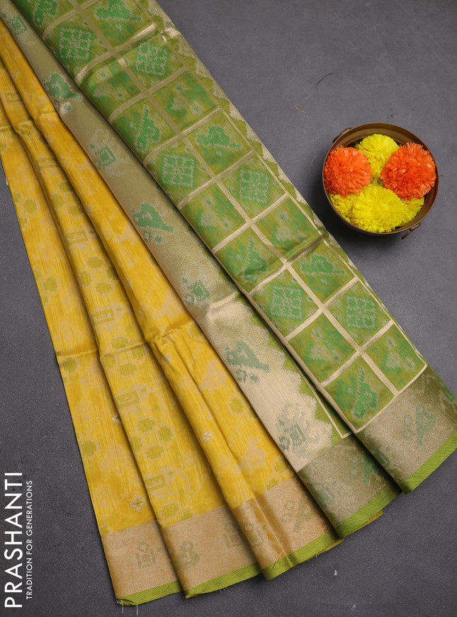 Semi dupion saree mustard yellow and light green with allover thread & zari weaves pattern and zari woven border