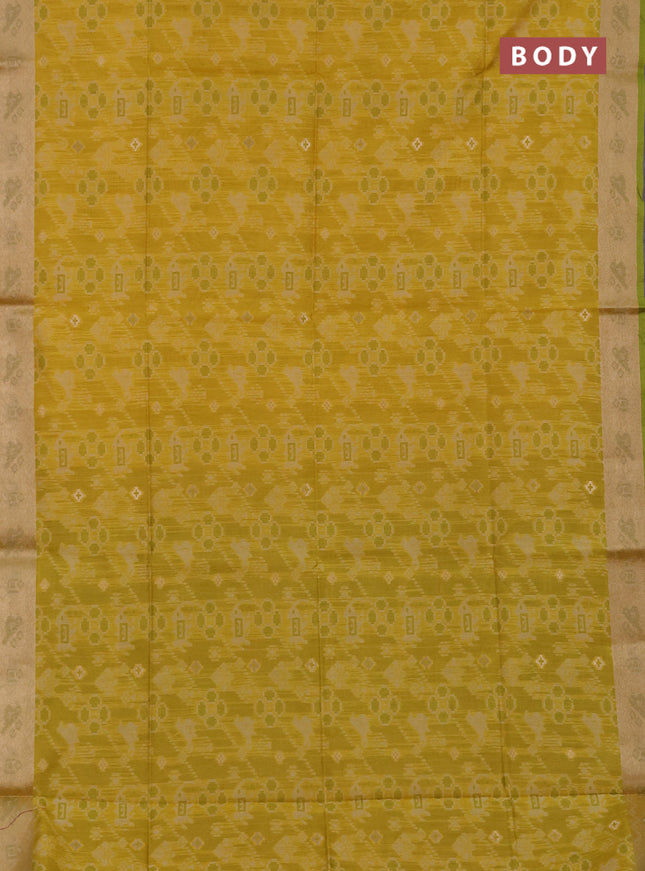 Semi dupion saree mustard yellow and light green with allover thread & zari weaves pattern and zari woven border