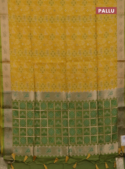 Semi dupion saree mustard yellow and light green with allover thread & zari weaves pattern and zari woven border