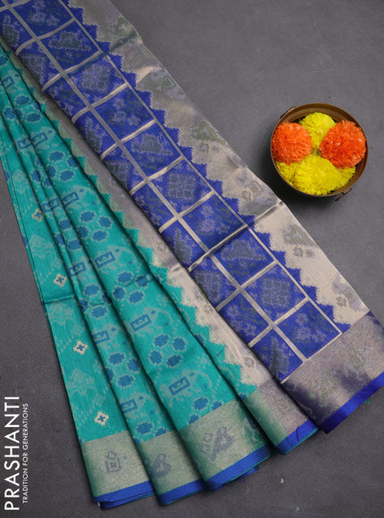 Semi dupion saree teal green and blue with allover thread & zari weaves pattern and zari woven border