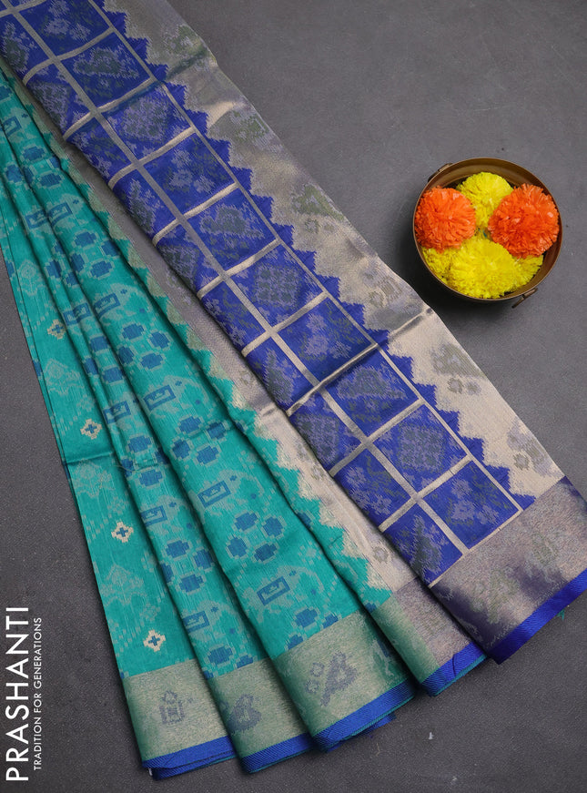 Semi dupion saree teal green and blue with allover thread & zari weaves pattern and zari woven border