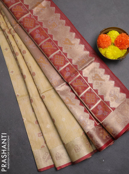 Semi dupion saree beige and maroon with allover thread & zari weaves pattern and zari woven border