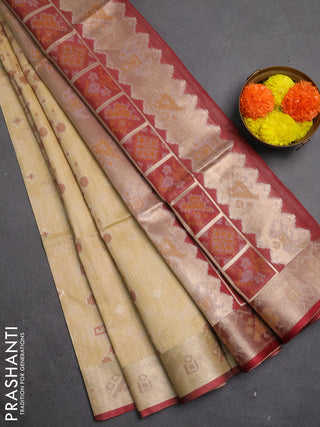 Semi dupion saree beige and maroon with allover thread & zari weaves pattern and zari woven border