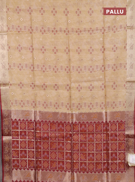 Semi dupion saree beige and maroon with allover thread & zari weaves pattern and zari woven border