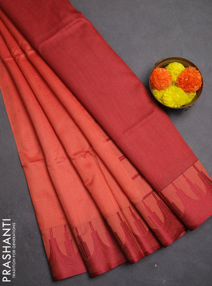 Semi dupion saree peach orange and maroon with allover thread stripe pattern and temple design thread woven border