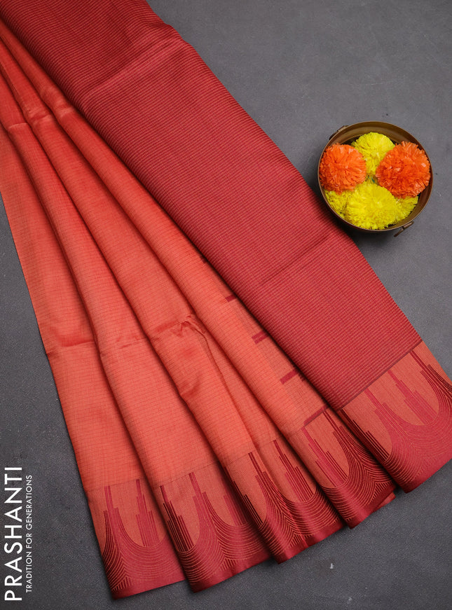 Semi dupion saree peach orange and maroon with allover thread stripe pattern and temple design thread woven border