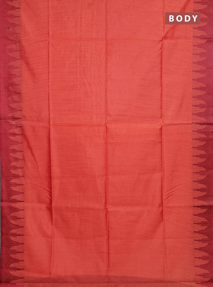 Semi dupion saree peach orange and maroon with allover thread stripe pattern and temple design thread woven border