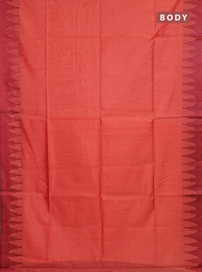 Semi dupion saree peach orange and maroon with allover thread stripe pattern and temple design thread woven border