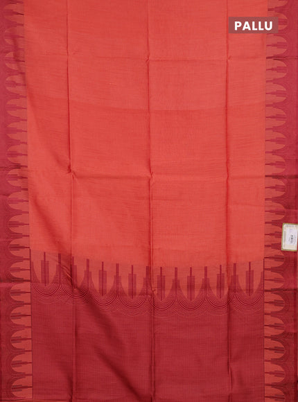 Semi dupion saree peach orange and maroon with allover thread stripe pattern and temple design thread woven border