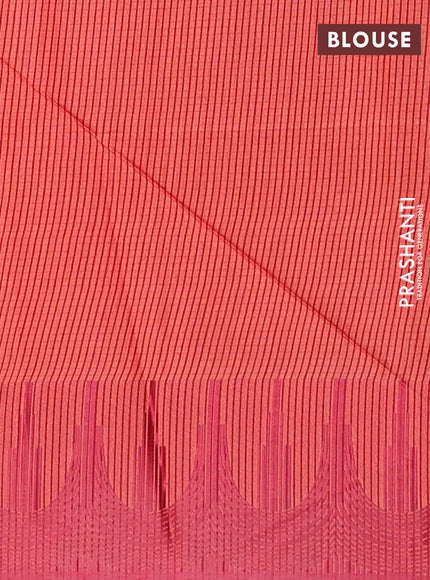 Semi dupion saree peach orange and maroon with allover thread stripe pattern and temple design thread woven border