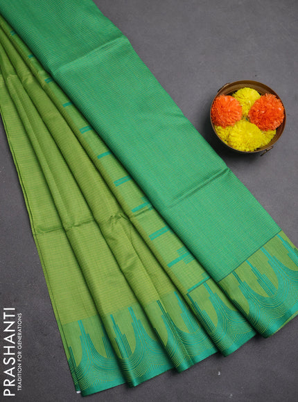 Semi dupion saree light green and teal green with allover thread stripe pattern and temple design thread woven border