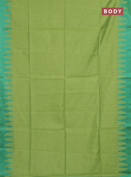 Semi dupion saree light green and teal green with allover thread stripe pattern and temple design thread woven border