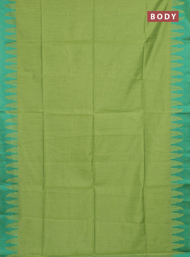 Semi dupion saree light green and teal green with allover thread stripe pattern and temple design thread woven border