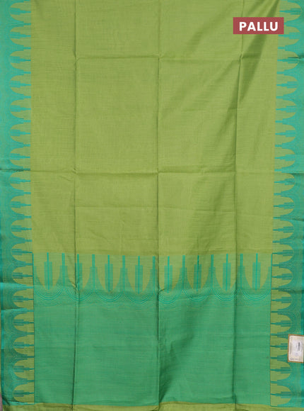 Semi dupion saree light green and teal green with allover thread stripe pattern and temple design thread woven border