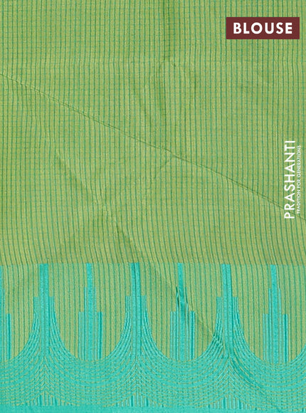 Semi dupion saree light green and teal green with allover thread stripe pattern and temple design thread woven border