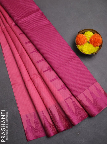 Semi dupion saree peach pink and magenta pink with allover thread stripe pattern and temple design thread woven border