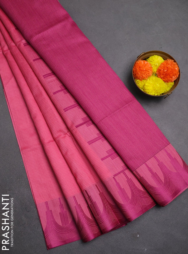 Semi dupion saree peach pink and magenta pink with allover thread stripe pattern and temple design thread woven border