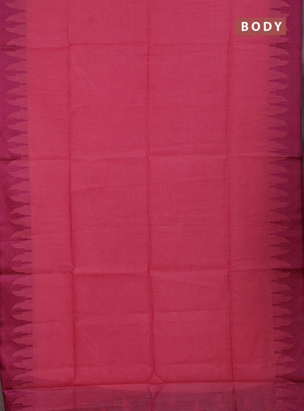 Semi dupion saree peach pink and magenta pink with allover thread stripe pattern and temple design thread woven border