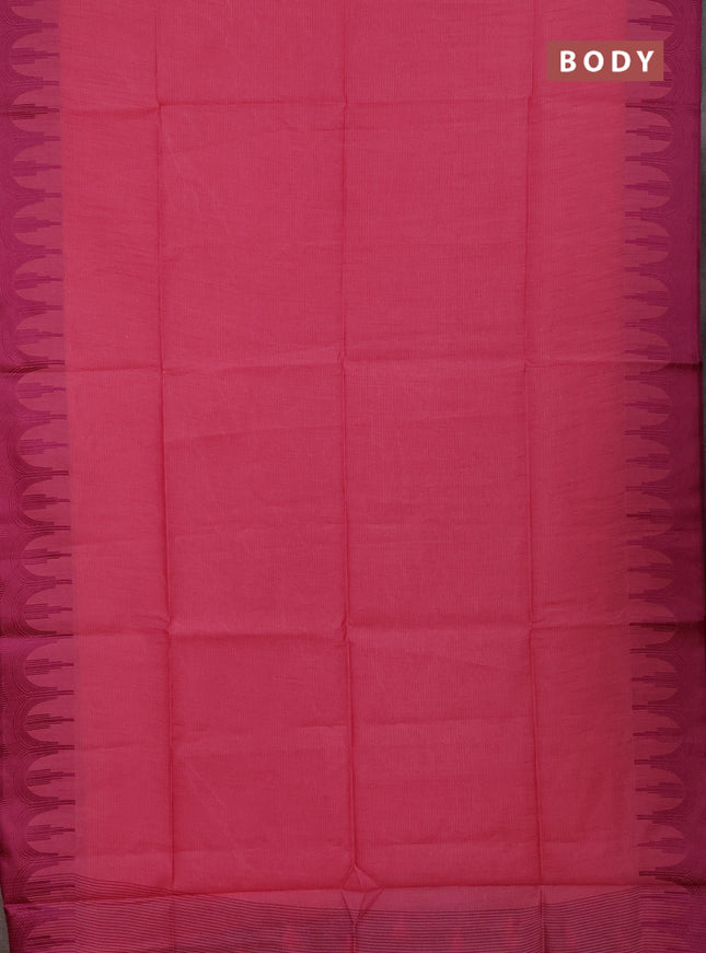 Semi dupion saree peach pink and magenta pink with allover thread stripe pattern and temple design thread woven border