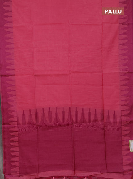 Semi dupion saree peach pink and magenta pink with allover thread stripe pattern and temple design thread woven border