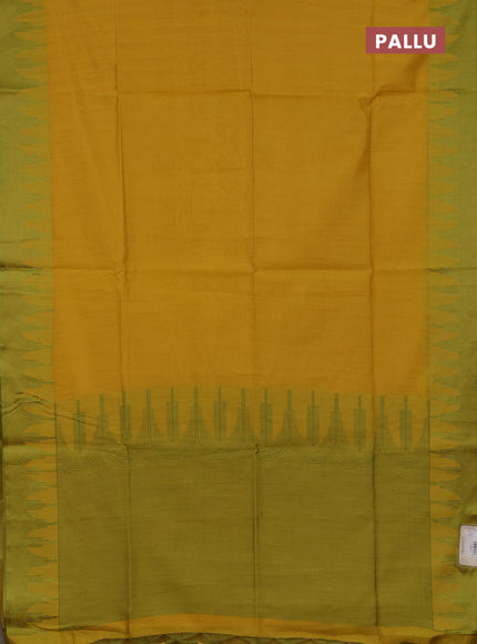 Semi dupion saree mustard yellow and light green with allover thread stripe pattern and temple design thread woven border