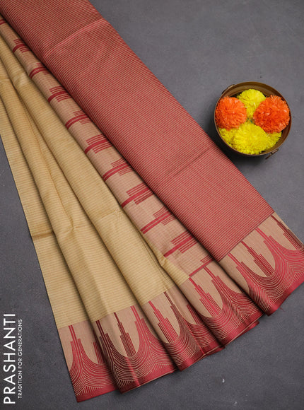Semi dupion saree beige and maroon with allover thread stripe pattern and temple design thread woven border